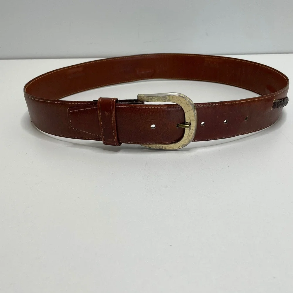 Mens‎ Brown Steerhide Leather Belt Braided Inlay 34 Western Cowboy Rodeo Country